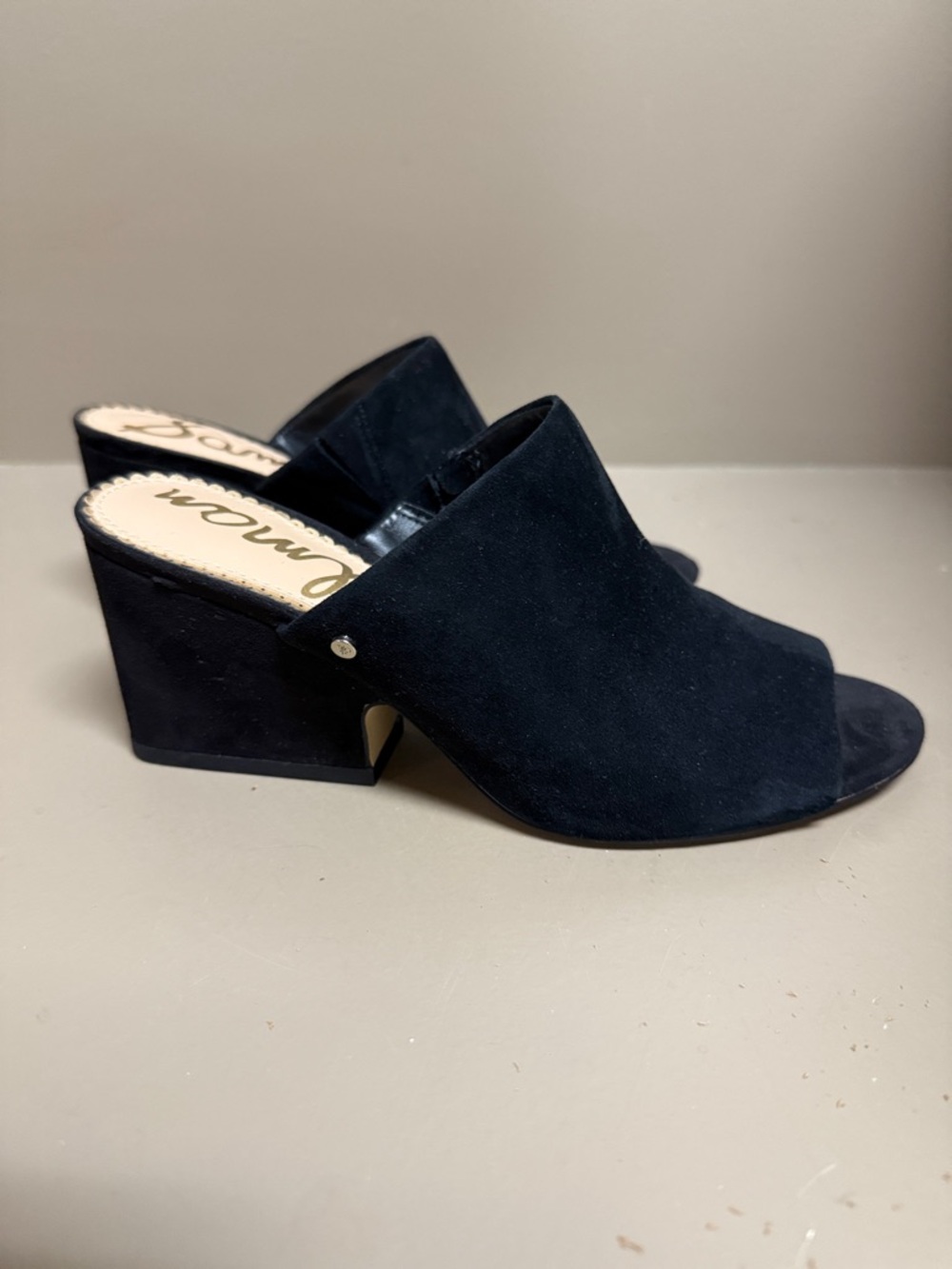 Sam Edelman Black Suede Open-Peek Block Heel Mules ‘Rheta’